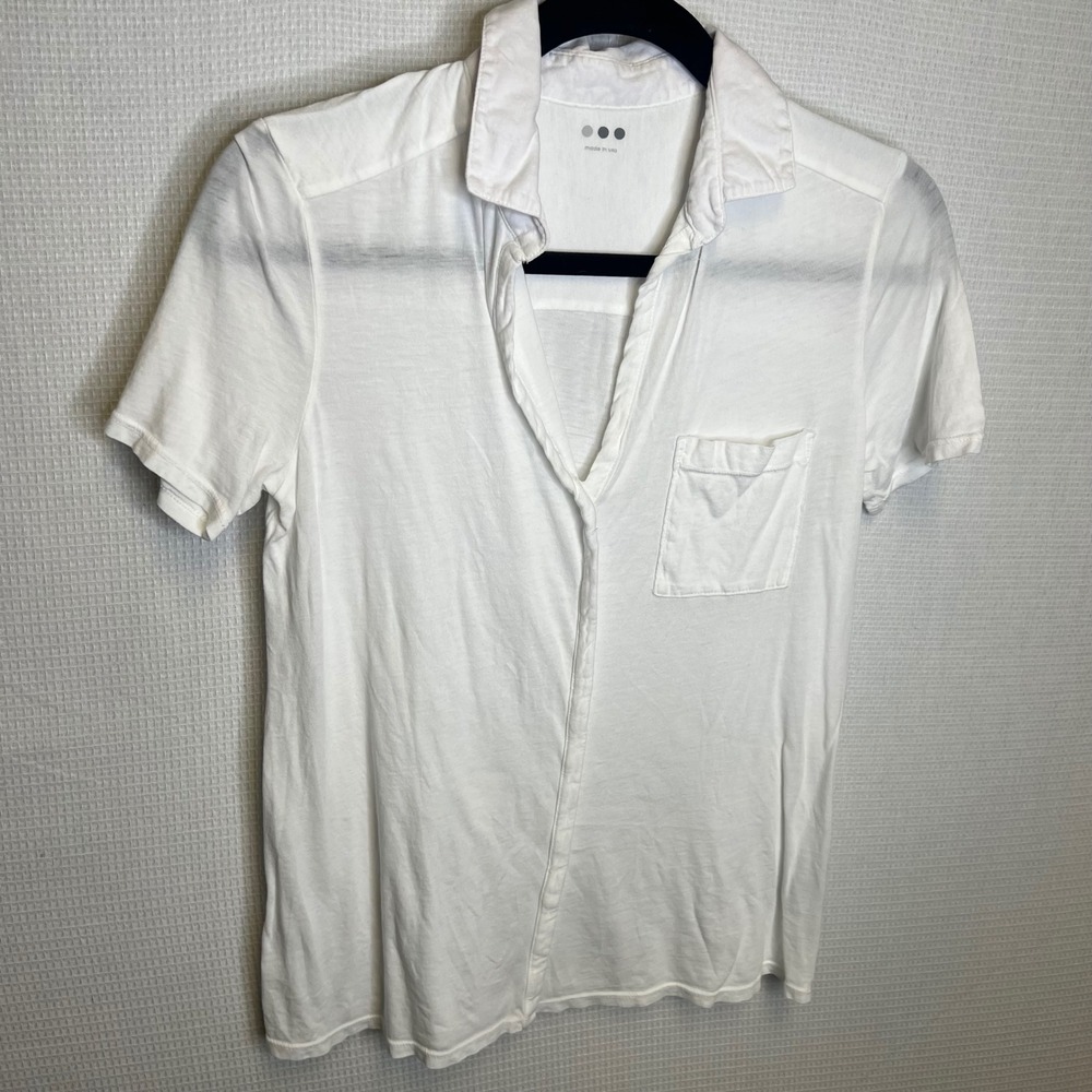 Three Dots White Supima Cotton Short Sleeve Polo V-Neck Shirt KD1112 Small